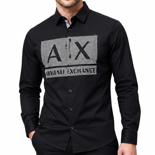 Premium Men Black Button-Down Shirt with Bold Front Graphic