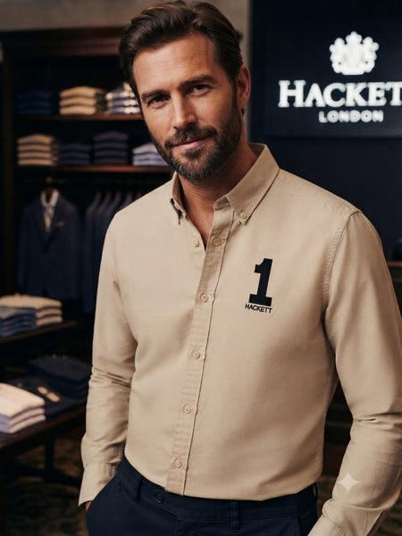 Premium Beige Button-Down Shirt with Number Embroidery