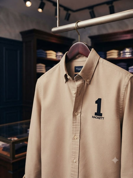 Premium Beige Button-Down Shirt with Number Embroidery