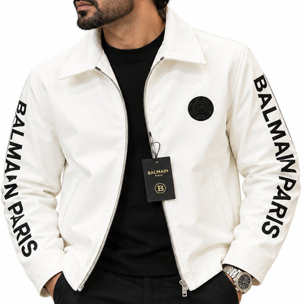 Imported Exclusive High End Leather Jacket Available Now – Luxury White Collection with Bold Sleeve Detailing in Premium Soft Finish
