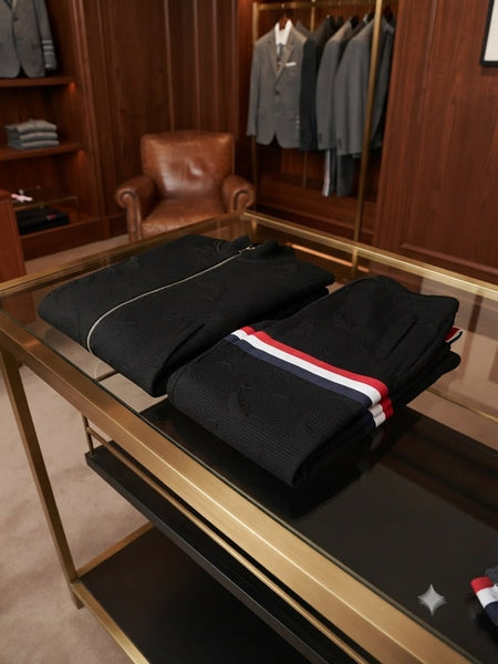 Premium Exclusive High End Quality Imported Tracksuit Available Now – Luxury Black Textured Collection with Contrast Stripe Details in Soft Premium Finish