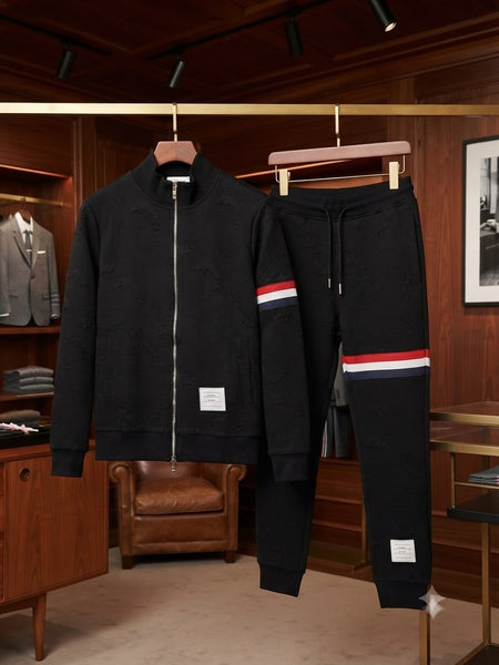 Premium Exclusive High End Quality Imported Tracksuit Available Now – Luxury Black Textured Collection with Contrast Stripe Details in Soft Premium Finish