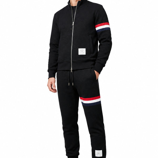 Premium Exclusive High End Quality Imported Tracksuit Available Now – Luxury Black Textured Collection with Contrast Stripe Details in Soft Premium Finish