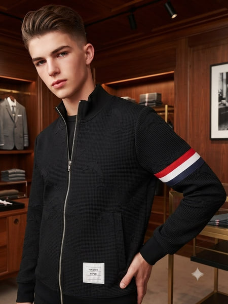 Premium Exclusive High End Quality Imported Tracksuit Available Now – Luxury Black Textured Collection with Contrast Stripe Details in Soft Premium Finish