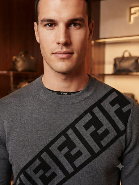 Premium Exclusive High End Quality Imported Authentic Quality Pullover Available Now – Luxury Grey Knit Collection with Bold Diagonal Detail in Soft Premium Finish