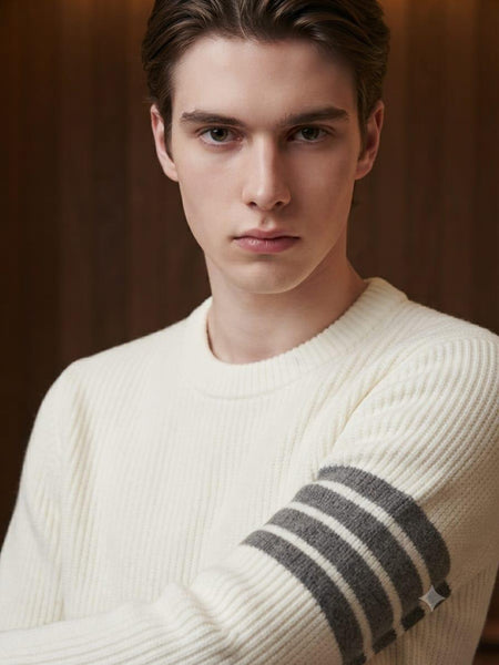Premium Exclusive High End Quality Imported Authentic Quality Pullover Available Now – Luxury White Ribbed Knit Collection with Sleeve Stripe Detail in Soft Premium Finish