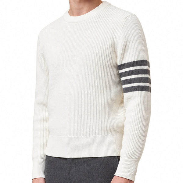 Premium Exclusive High End Quality Imported Authentic Quality Pullover Available Now – Luxury White Ribbed Knit Collection with Sleeve Stripe Detail in Soft Premium Finish
