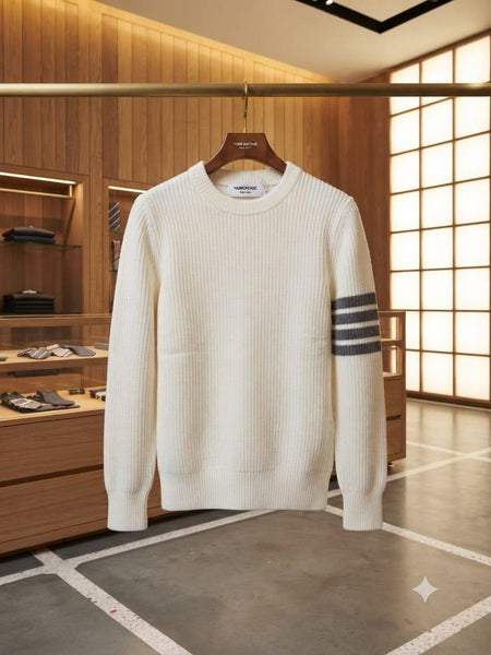 Premium Exclusive High End Quality Imported Authentic Quality Pullover Available Now – Luxury White Ribbed Knit Collection with Sleeve Stripe Detail in Soft Premium Finish