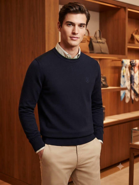 Premium Exclusive High-End Authentic Quality Navy Soft Knit Crew-Neck Pullover