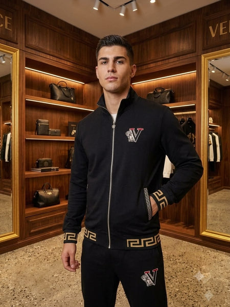 Premium Exclusive High-End Quality Black Full-Zip Tracksuit Set with Embroidered Detail
