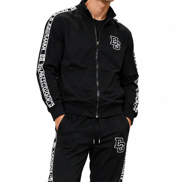 Premium Exclusive High-End Quality Black Full-Zip Tracksuit Set with Side Logo Tapes