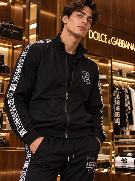 Premium Exclusive High-End Quality Black Full-Zip Tracksuit Set with Side Logo Tapes