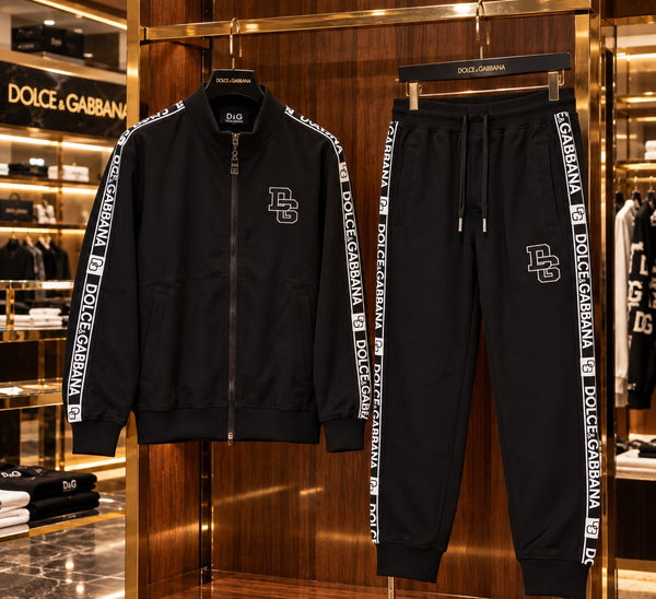 Premium Exclusive High-End Quality Black Full-Zip Tracksuit Set with Side Logo Tapes