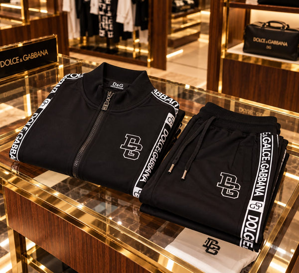 Premium Exclusive High-End Quality Black Full-Zip Tracksuit Set with Side Logo Tapes