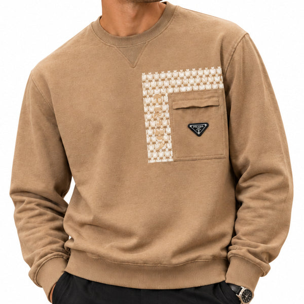 Premium Exclusive High-End Quality Camel Crew-Neck Sweatshirt with Patterned Panel