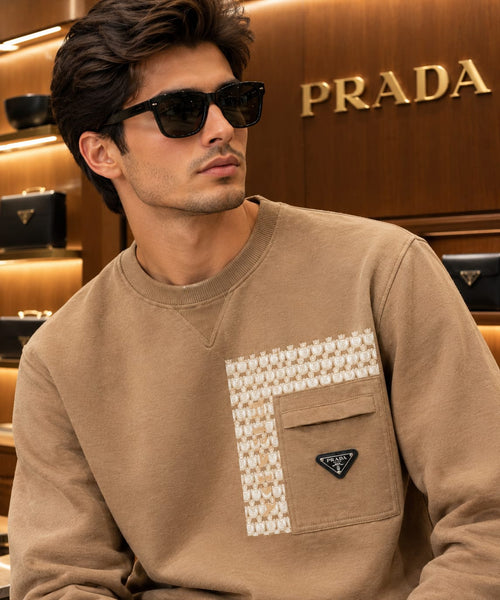 Premium Exclusive High-End Quality Camel Crew-Neck Sweatshirt with Patterned Panel