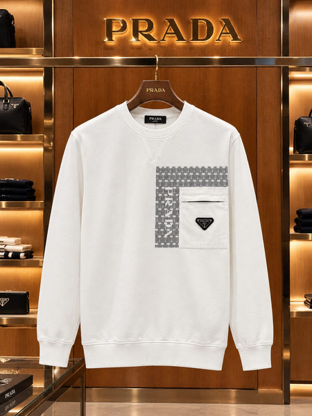 Premium Exclusive High-End Quality White Crew-Neck Sweatshirt with Patterned Panel