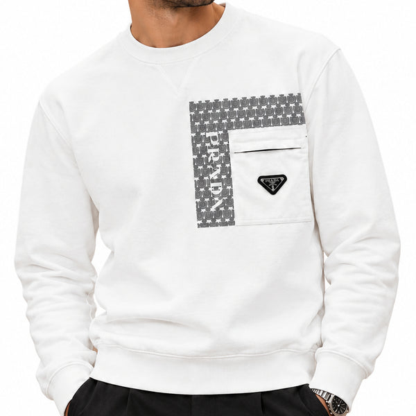 Premium Exclusive High-End Quality White Crew-Neck Sweatshirt with Patterned Panel