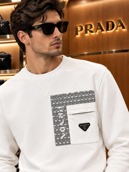 Premium Exclusive High-End Quality White Crew-Neck Sweatshirt with Patterned Panel