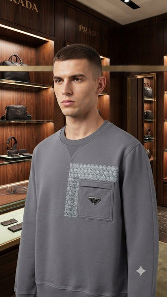 Premium Exclusive High-End Quality Grey Crew-Neck Sweatshirt with Patterned Panel