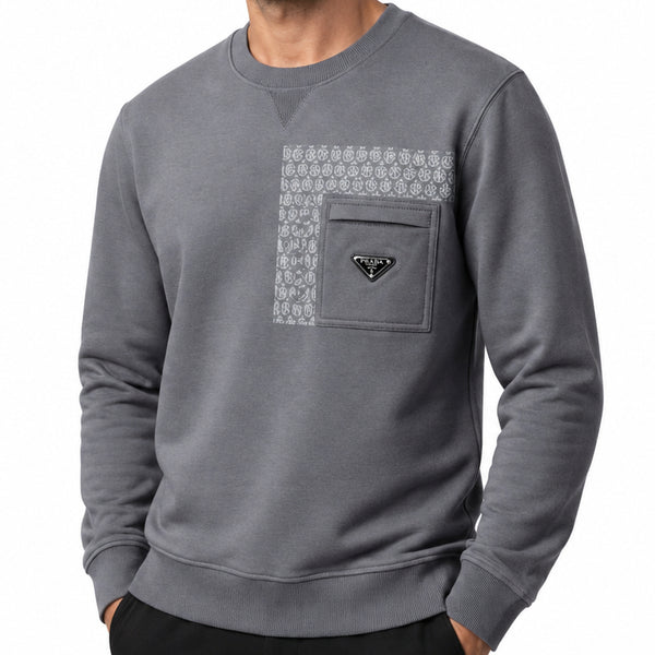Premium Exclusive High-End Quality Grey Crew-Neck Sweatshirt with Patterned Panel