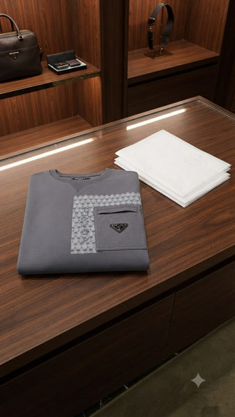 Premium Exclusive High-End Quality Grey Crew-Neck Sweatshirt with Patterned Panel