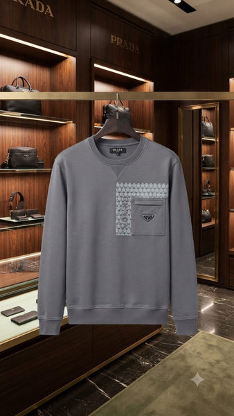Premium Exclusive High-End Quality Grey Crew-Neck Sweatshirt with Patterned Panel