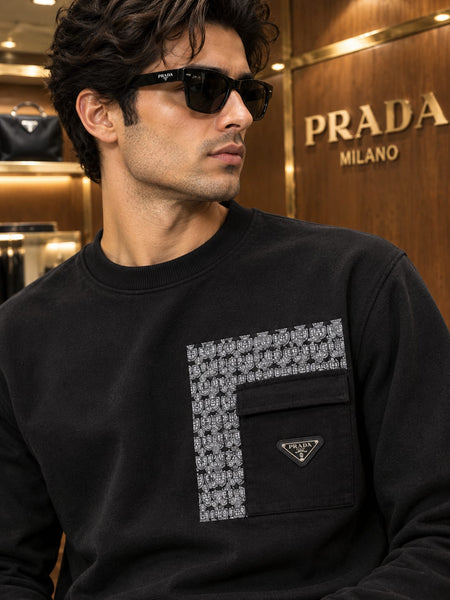 Premium Exclusive High-End Quality Black Crew-Neck Sweatshirt with Patterned Panel