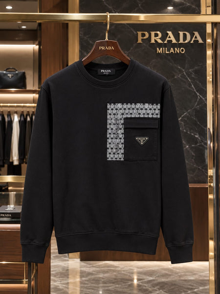 Premium Exclusive High-End Quality Black Crew-Neck Sweatshirt with Patterned Panel