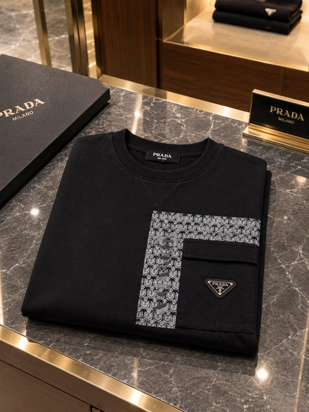 Premium Exclusive High-End Quality Black Crew-Neck Sweatshirt with Patterned Panel