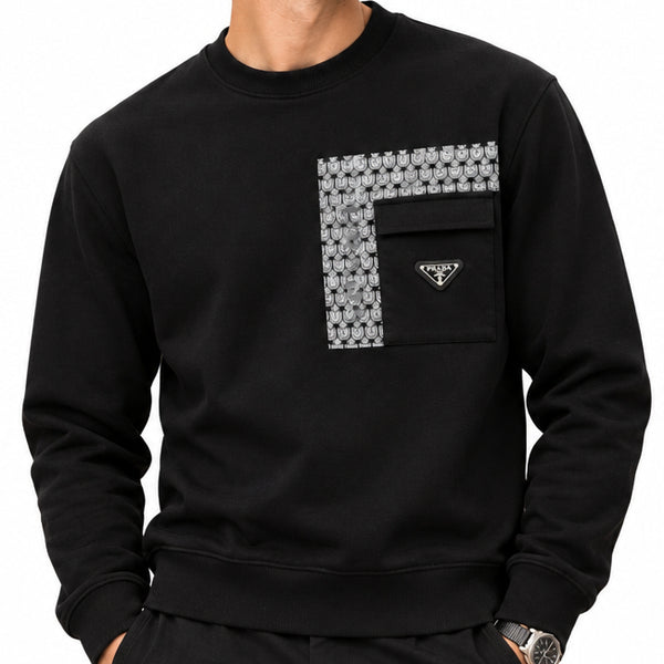 Premium Exclusive High-End Quality Black Crew-Neck Sweatshirt with Patterned Panel