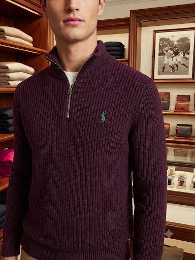 Premium Exclusive High-End Quality Burgundy Ribbed Quarter-Zip Pullover