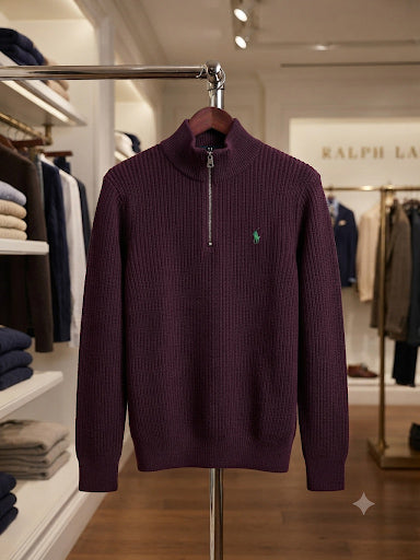 Premium Exclusive High-End Quality Burgundy Ribbed Quarter-Zip Pullover