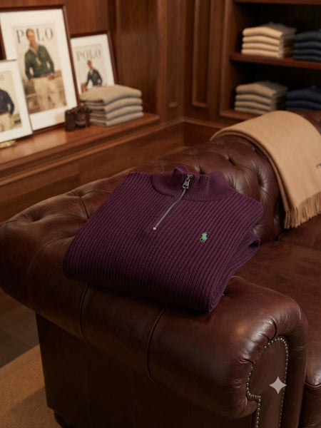 Premium Exclusive High-End Quality Burgundy Ribbed Quarter-Zip Pullover