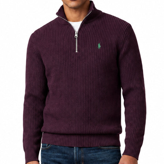Premium Exclusive High-End Quality Burgundy Ribbed Quarter-Zip Pullover