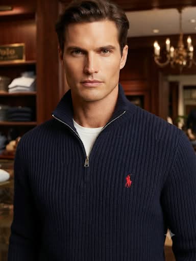 Premium Exclusive High-End Quality Navy Ribbed Quarter-Zip Pullover