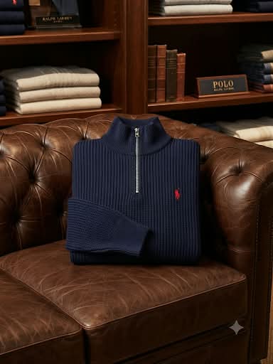 Premium Exclusive High-End Quality Navy Ribbed Quarter-Zip Pullover