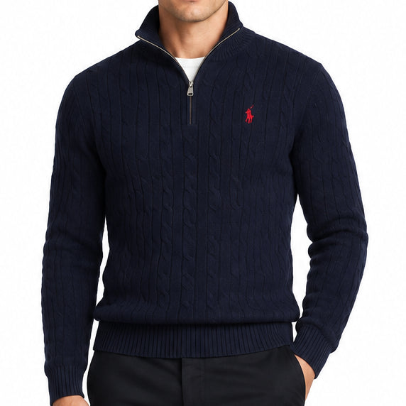 Premium Exclusive High-End Quality Navy Ribbed Quarter-Zip Pullover