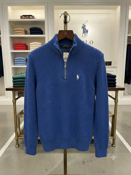 Premium Exclusive High-End Quality Blue Ribbed Quarter-Zip Pullover