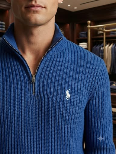 Premium Exclusive High-End Quality Blue Ribbed Quarter-Zip Pullover