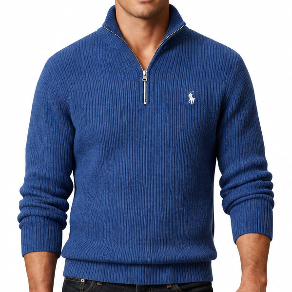 Premium Exclusive High-End Quality Blue Ribbed Quarter-Zip Pullover