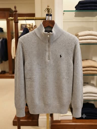 Premium Exclusive High-End Quality Light Grey Ribbed Quarter-Zip Pullover