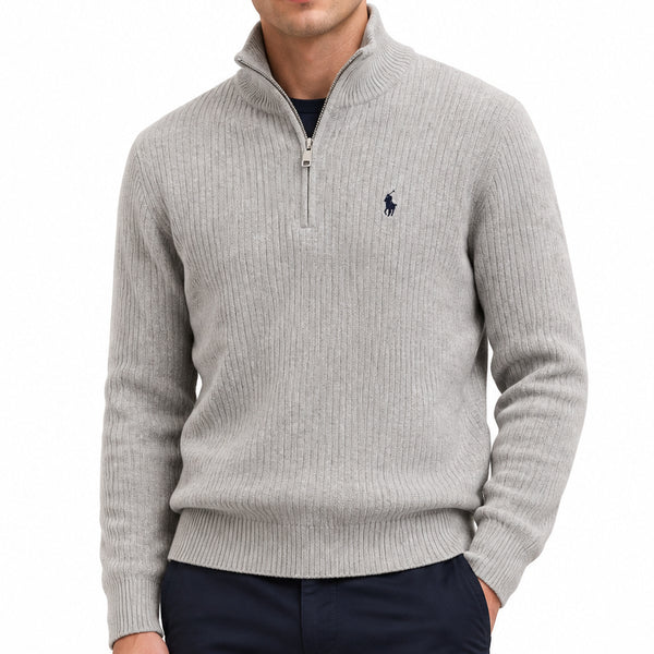 Premium Exclusive High-End Quality Light Grey Ribbed Quarter-Zip Pullover