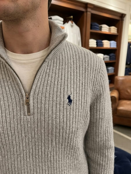 Premium Exclusive High-End Quality Light Grey Ribbed Quarter-Zip Pullover