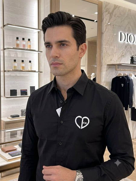 Premium Black Long Sleeve Button-Down Shirt with Heart Detail