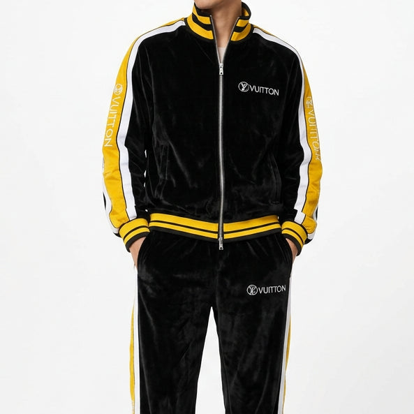 Premium Exclusive High-End Quality Black Velvet Tracksuit Set with Contrast Side Stripes