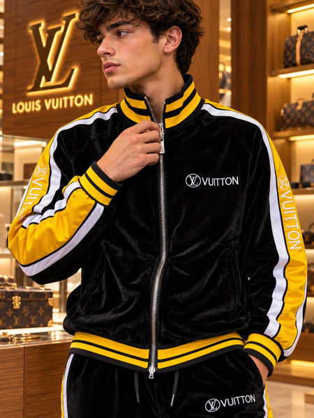 Premium Exclusive High-End Quality Black Velvet Tracksuit Set with Contrast Side Stripes