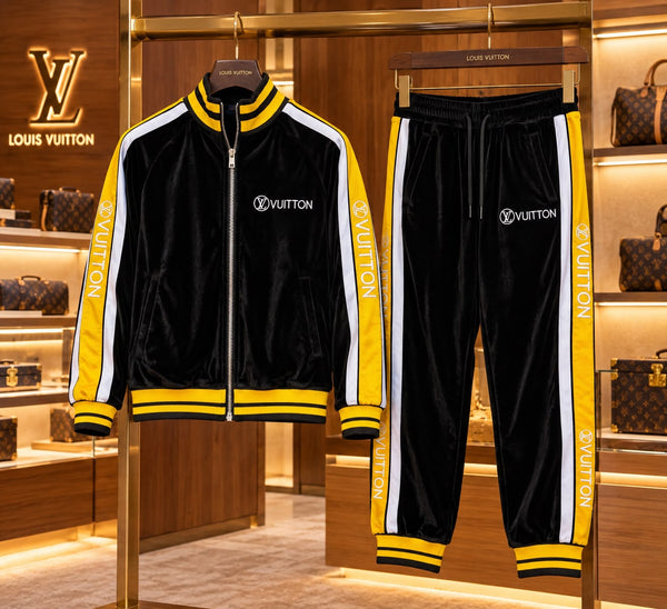Premium Exclusive High-End Quality Black Velvet Tracksuit Set with Contrast Side Stripes