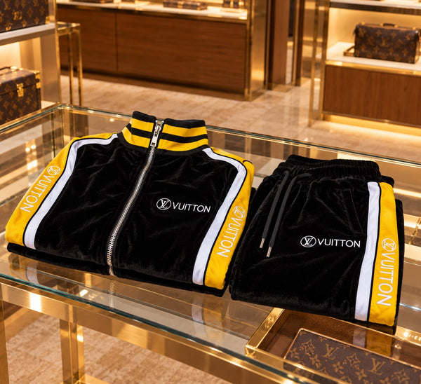 Premium Exclusive High-End Quality Black Velvet Tracksuit Set with Contrast Side Stripes