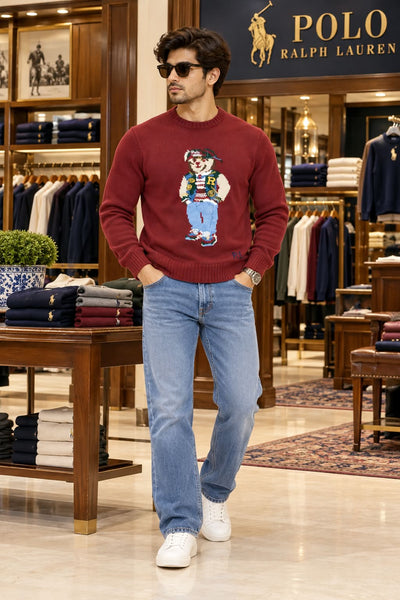 Premium Exclusive High-End Quality Burgundy Crew-Neck Knit Pullover with Bear Graphic